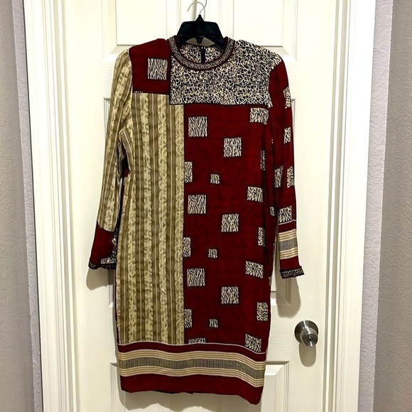Vintage 100% Silk Size 8 Tan Shift Dress by Anne Crimmins for Umi Collections - Picture 1 of 8